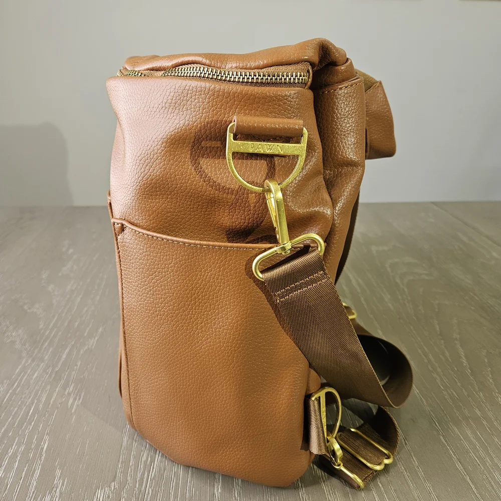 Fawn Design Brown Faux Leather Diaper Bag the Original With Brown Stroller Clips